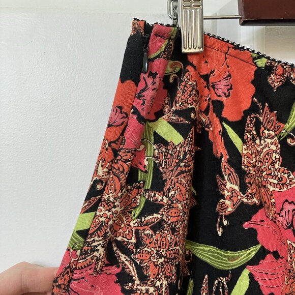 Y2K Croft & Barrow Midi Skirt Womens 18 Linen Black Red Floral Hibiscus Flared - Picture 7 of 8